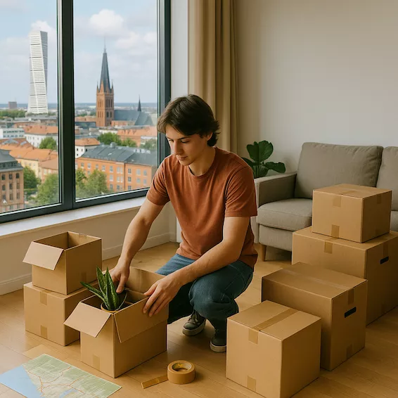 Ung person packar flyttkartonger i en lägenhet med utsikt över Malmö