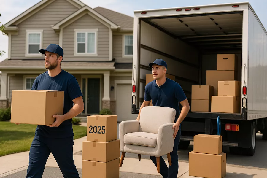 Flyttfirma som bär möbler och kartonger under en flytt 2025